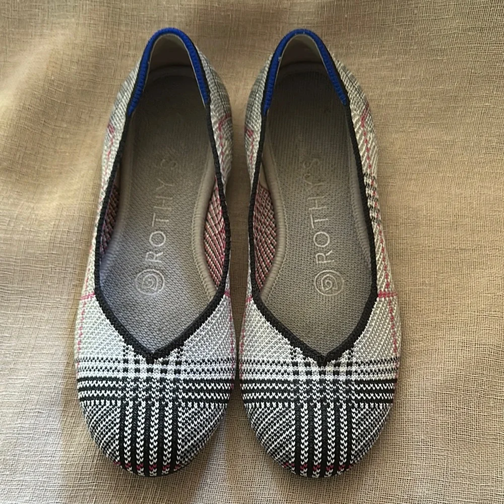 Rothy’s The Flat Grey Glen Plaid Round Toe Flats Sz 5